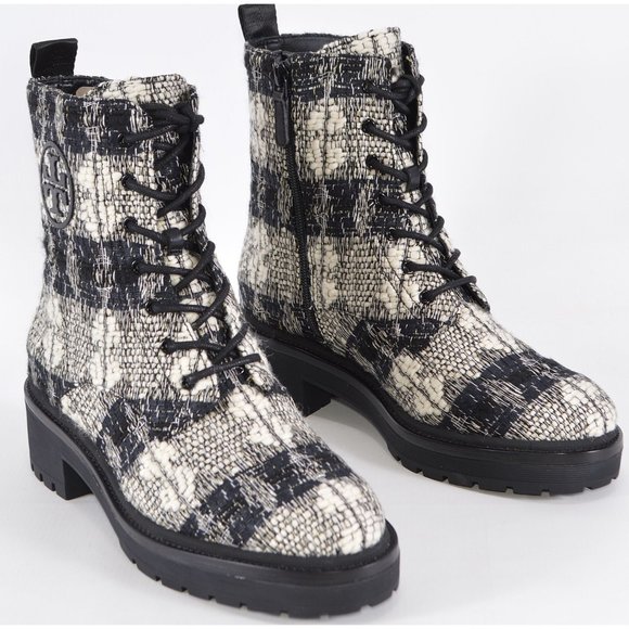 New Tory Burch MILLER Lug Sole Tweed Leather 50 mm Bootie Combat Boots - Picture 5 of 13